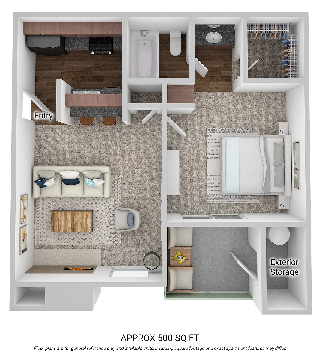 Floor plan for 1 bed, 1 bath, 500 sqft